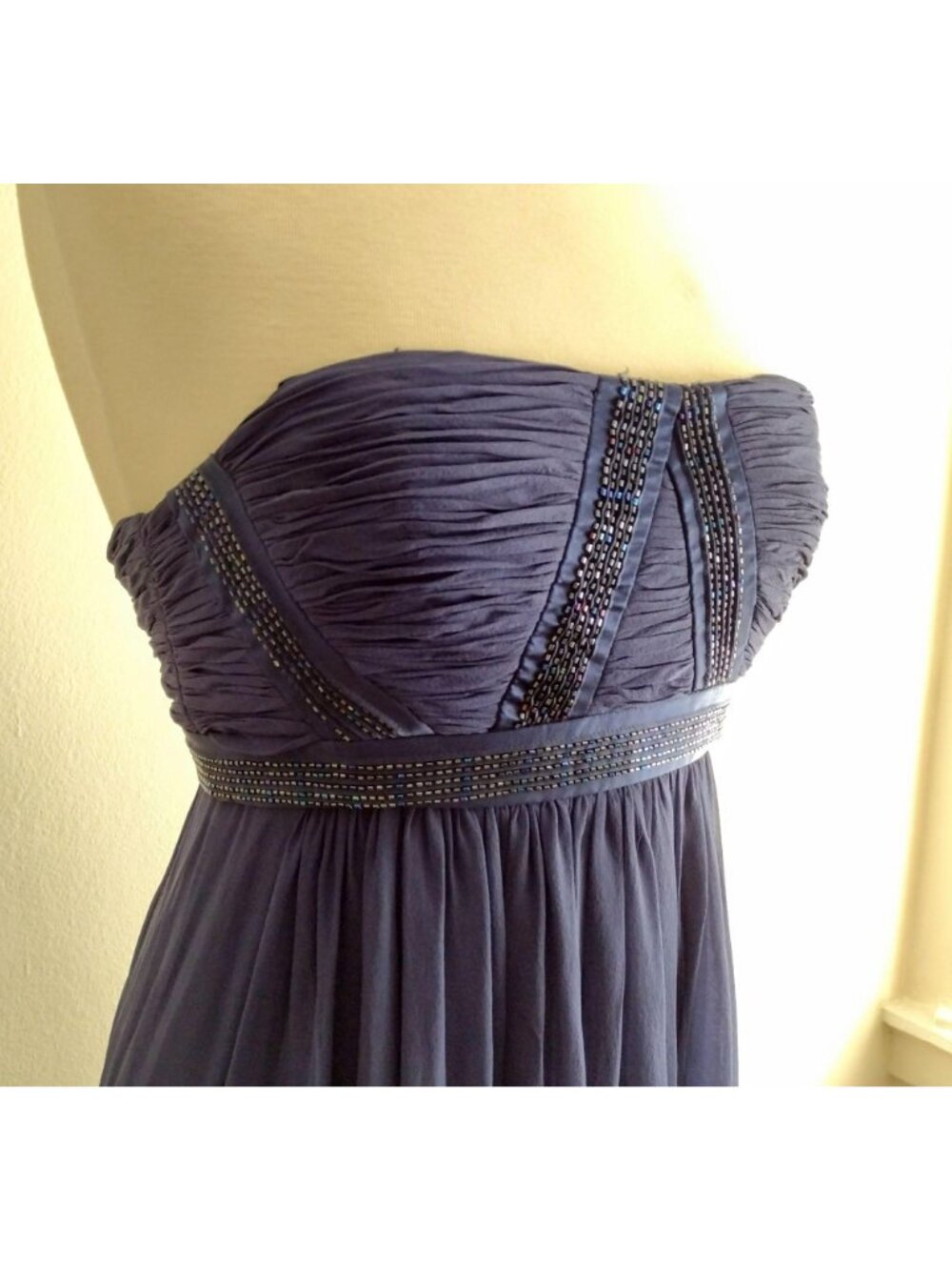 BCBG Max Azaria 100% Silk Beaded Gown 8 Strapless Prom Dress Navy Blue Grecian - Picture 3 of 11